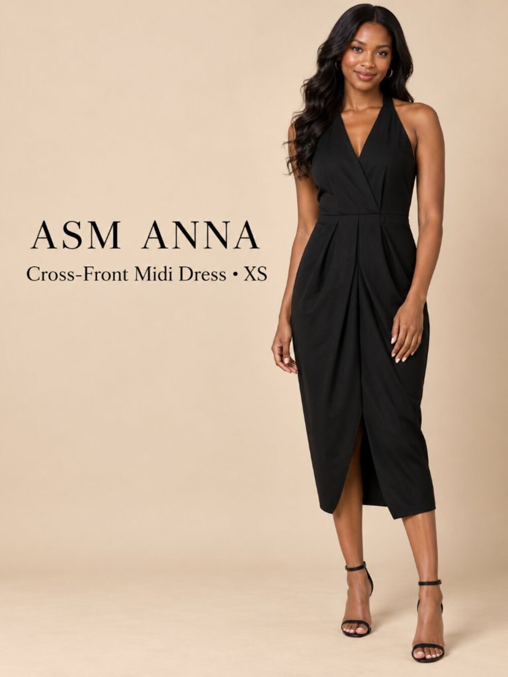 ASM ANNA Black Cross-Front Draped Midi Dress XS